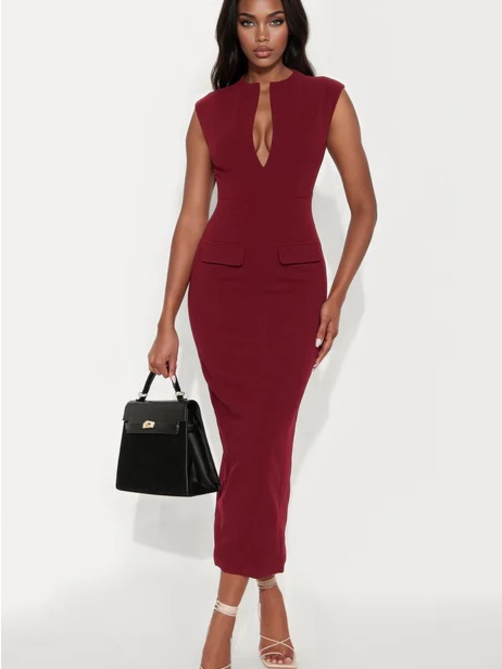 Sleeveless Burgundy Midi Dress with Keyhole Neckline